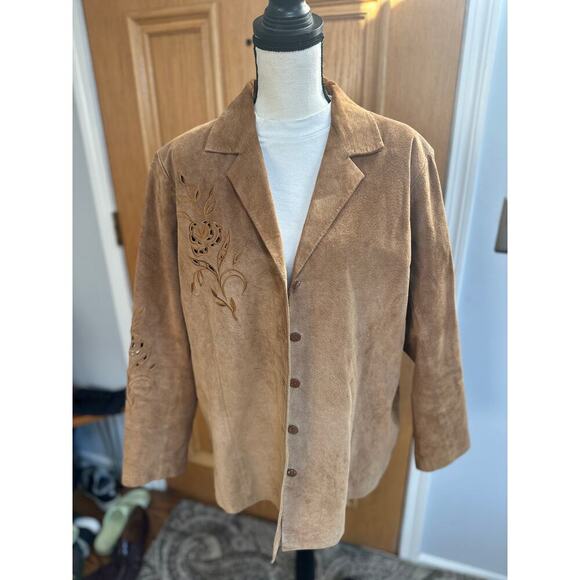 Vintage Suede Jacket Tan Brown Floral Cutout Western Boho Blazer Women’s L - Picture 2 of 10